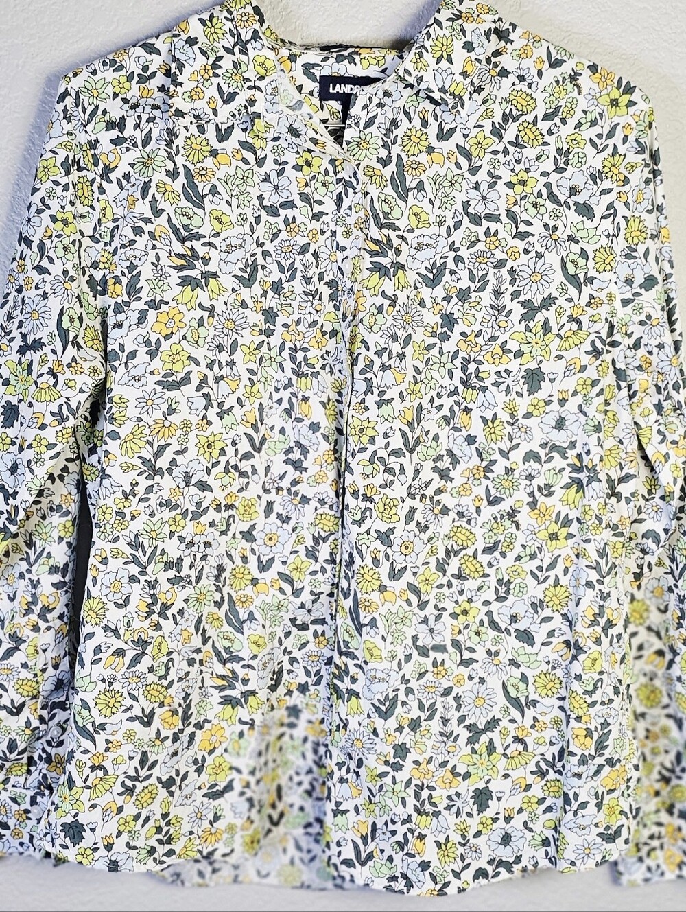 Lands’ End 10P Floral Button Front Shirt Yellow Blue Green